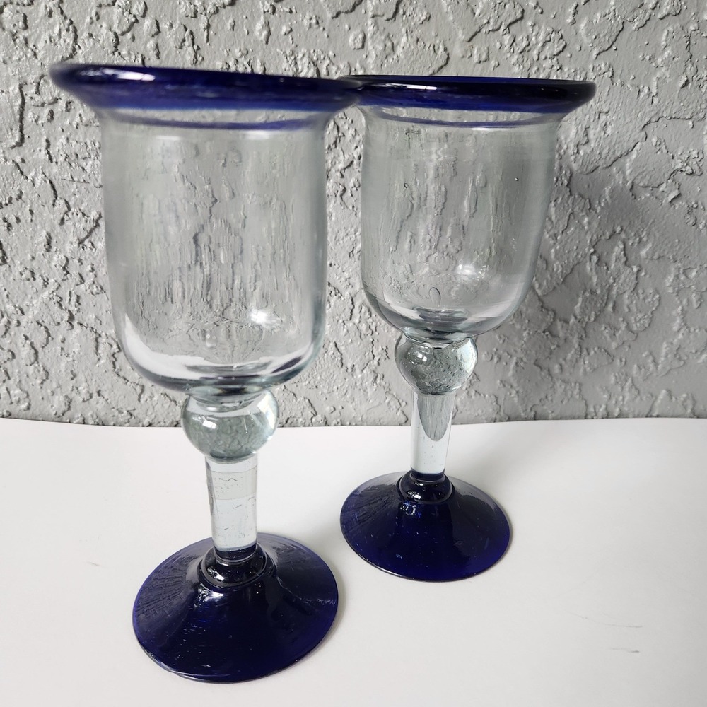 Mexican Hand Blown Wine Glasses Cobalt Blue Rim Base Set of 2 Mouth Blown Mexico
